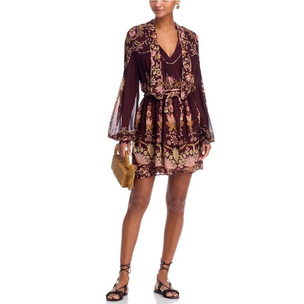 FARM Rio Plum Floral Mini Dress with Pink and Gold Accents